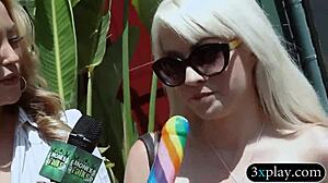 Blonde giver bj i bruser og blinker patter for penge