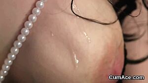 frisky babe's face drowned in sperm as she gulps every drop