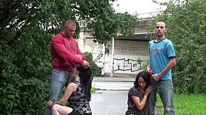 Street orgy hides pregnant thrill with petite cutie nearby