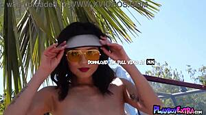 Cute Asian KJ Carter Teases Tiny Tits and Pussy in Car Flash