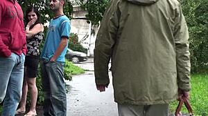 Street orgy hides pregnant thrill with petite cutie nearby