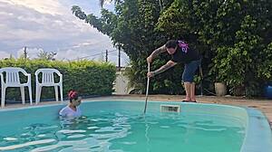 wife flashes pussy to hubby's friends while he cleans pool