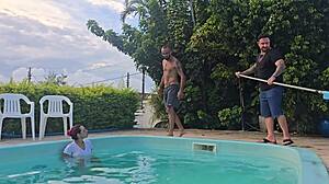 wife flashes pussy to hubby's friends while he cleans pool