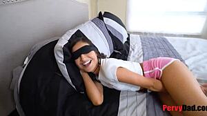 blindfolded petite stepdaughter teases daddy in taboo old young fantasy before secret fucking