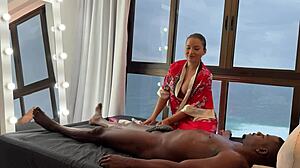 asian massage babe jerks big cock to deep creampie finish
