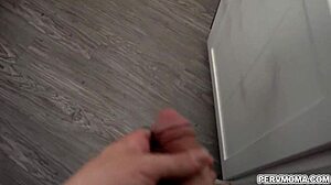 linzee ryder slurps stepson's cock then titfucks in kitchen