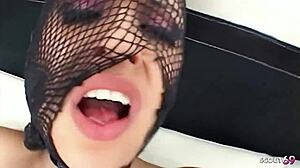 black hair skinny teen bitch in latex fishnets endures rough mmf 3some with rimjobs gagging on monster cocks