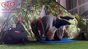 stranger dominates nudist lady's pussy deep in forest camp