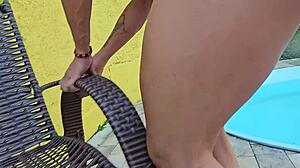 milf ever wanna tease innocent young guy by pool with big tits pussy flashing for creampie fuck??