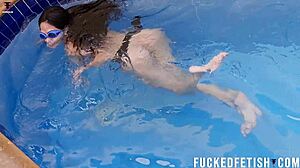 wow sexy wet latina mermaid helen star strips naked by pool showing big tits pussy delights!
