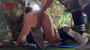 stranger dominates nudist lady's pussy deep in forest camp