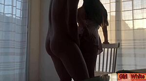 stepdad sneaks under her white dress and tall boots to creampie her fat tits teen pussy roughly