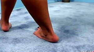 her tiny tits bounce as oiled feet stroke monster cock before deep pounding