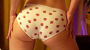 Curvy blonde dances in strawberry panties round ass moaning solo