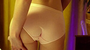 Curvy blonde dances in strawberry panties round ass moaning solo