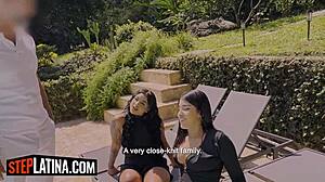 latina stepsisters ride american stepdad's big cock in threesome frenzy!