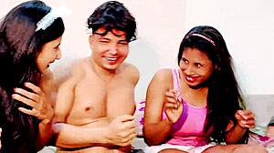 sexy threesome shares cock in bedroom quickie