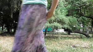 Hairy Mature Flashes Beaver Through See-Through Dress in Public Outdoors