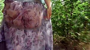 Hairy Mature Flashes Beaver Through See-Through Dress in Public Outdoors
