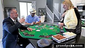 three old pervs fuck busty teen after poker game