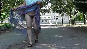 Hairy Mature Flashes Beaver Through See-Through Dress in Public Outdoors