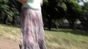 Hairy Mature Flashes Beaver Through See-Through Dress in Public Outdoors