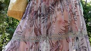 Hairy Mature Flashes Beaver Through See-Through Dress in Public Outdoors