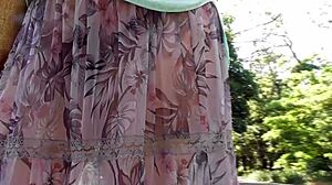 Hairy Mature Flashes Beaver Through See-Through Dress in Public Outdoors