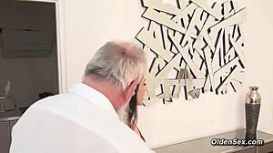 Old Man Pounds Petite Skinny Brunette Babe's Tight Pussy Sideways