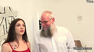 Old Man Pounds Petite Skinny Brunette Babe's Tight Pussy Sideways