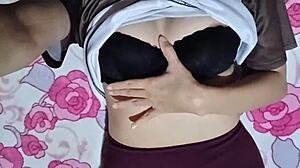 damn this gorgeous colombian latina cums nonstop on homemade sofa with big natural tits shaking