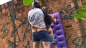 Latina Amateurs Play Outdoor with Toys Suggestively