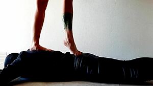 Dominatrix nika tramples slave's belly feet pressing stomach hard