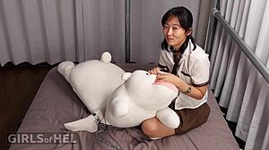 oh man i'm chained up tight and this cutie asian neighbor vibes her shaved pussy to cum hard with toys
