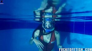 helen star's seductive underwater pool dive with mask