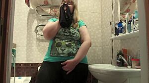 chubby milf sniffs stolen panties then masturbates shoving them deep in her hairy pussy