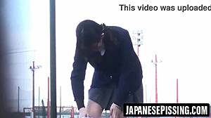 Cute Japanese girl pees hard on bathroom floor then cleans up?