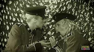 Bisexual army babes strap on dildo fuck and lick pussies with soldiers