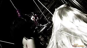 tattooed guy fucks blonde mistress and girl in dungeon