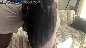 Amateur babe deepthroats and face fucks boyfriend's big cock with ball licking