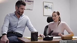he debates if banging the tall brunette secretary boss with big tits is worth the risk