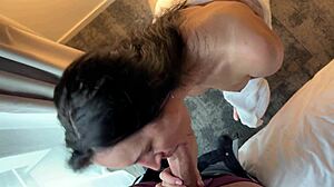 Hotel room mix-up turns into stranger's cumshot facial on shaved milf pussy