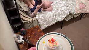 stepmom gives a birthday surprise with her mouth