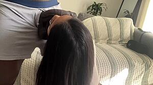 Amateur babe deepthroats and face fucks boyfriend's big cock with ball licking