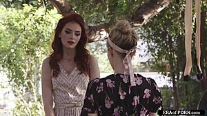 wanna see this small tits milf bury her tongue in that redhead's hairy pussy outdoors?