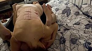 White slut sucks rims fucks in satin lingerie thong dress stockings heels