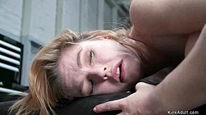Lezdom slave gapes from lesbian strap-on anal fisting and rimjob