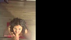 busty latina with natural tits blowing and titfucking her dildo!