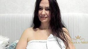 horny milf rubs hairy pussy after shower 😏