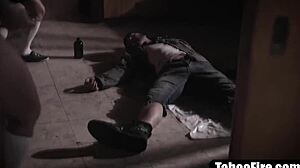 Slutty teen 18+ threesome fucked by homeless guy